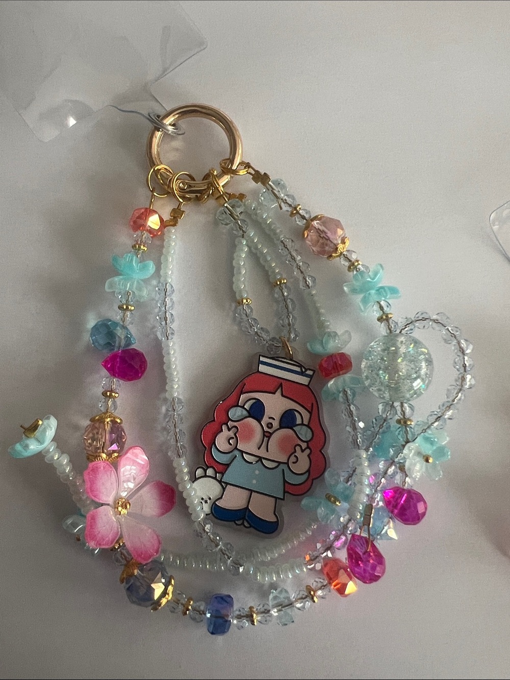 Cute Pink Cartoon Charm Beaded Keychain for Kids